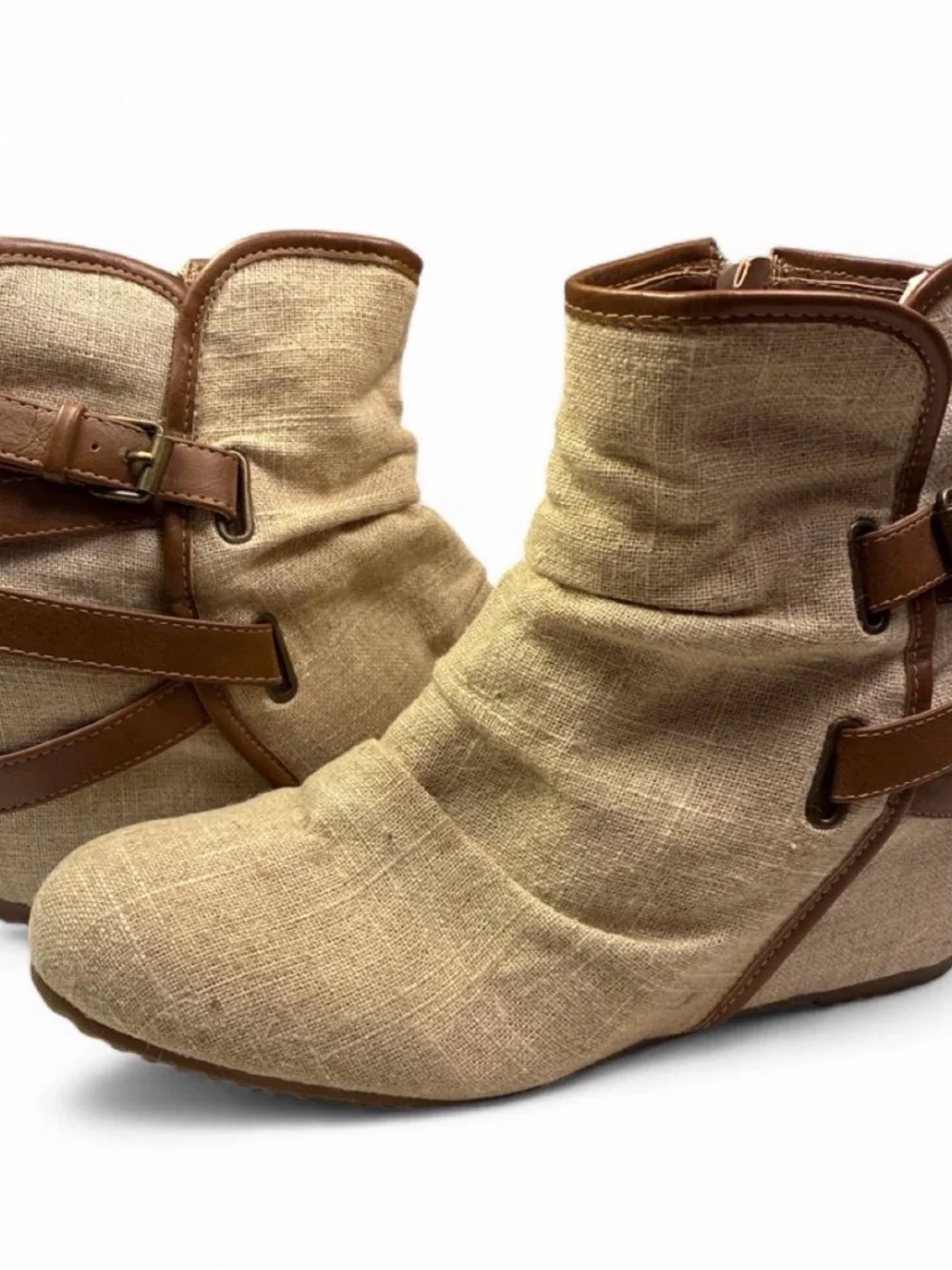 Mudd Tan Fabric Wedge Booties with Brown Trim and Buckles